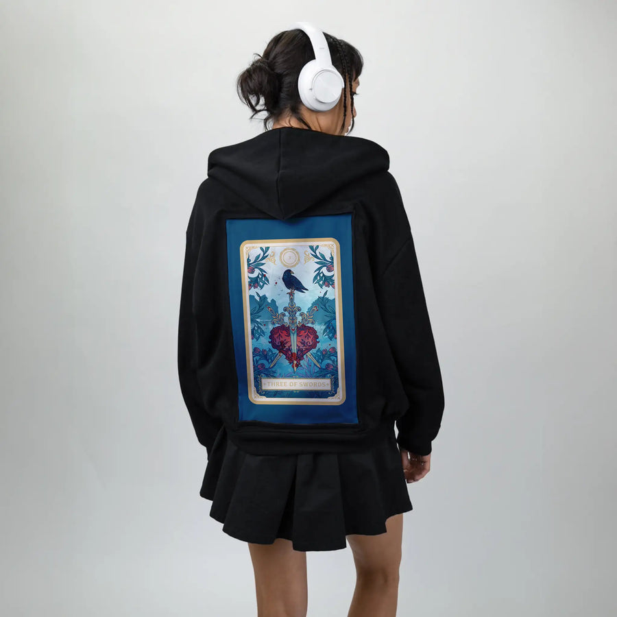 threeofswords patch on female essential zip hoodie in after hours