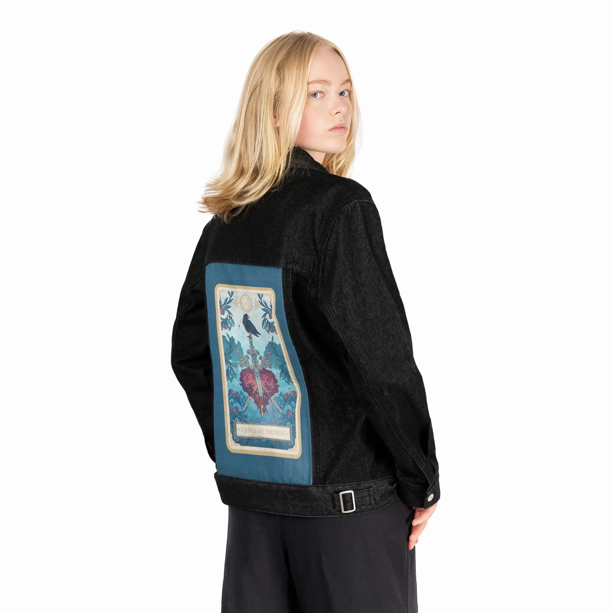threeofswords patch on female og denim jacket in raven