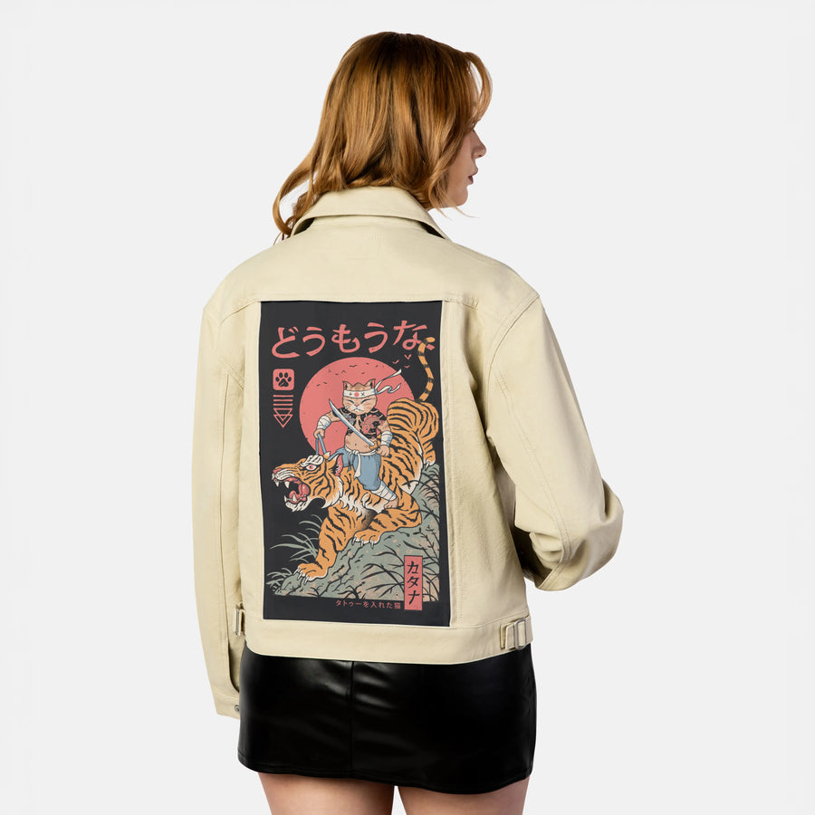 tigercatana patch on female atelier canvas jacket in tan