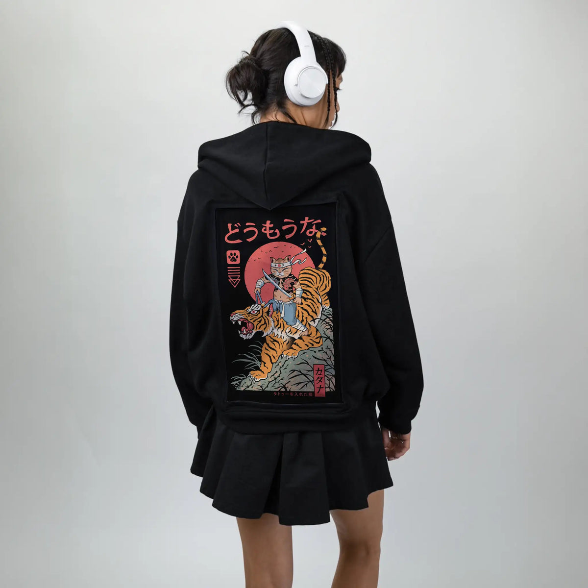 tigercatana patch on female essential zip hoodie in after hours