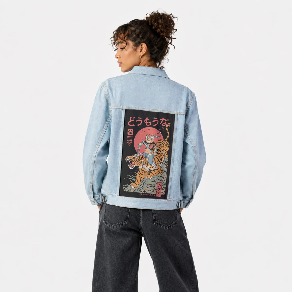 tigercatana patch on female og denim jacket in oceanside