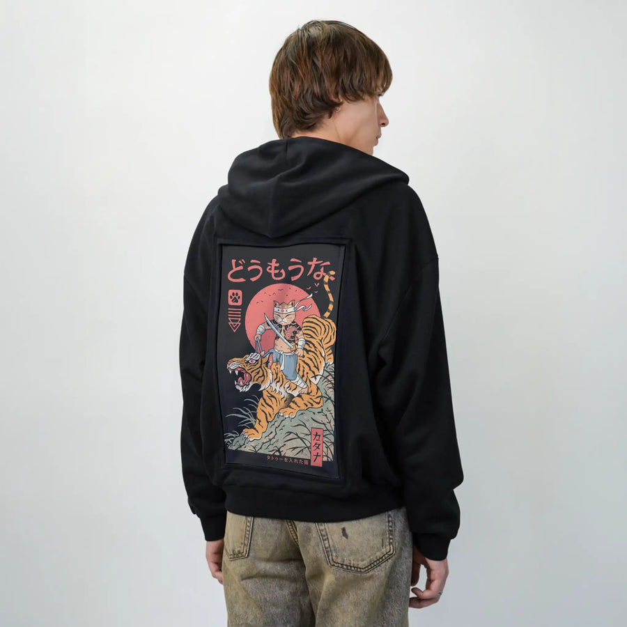 tigercatana patch on male essential zip hoodie in after hours