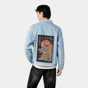 tigercatana patch on male og denim jacket in oceanside