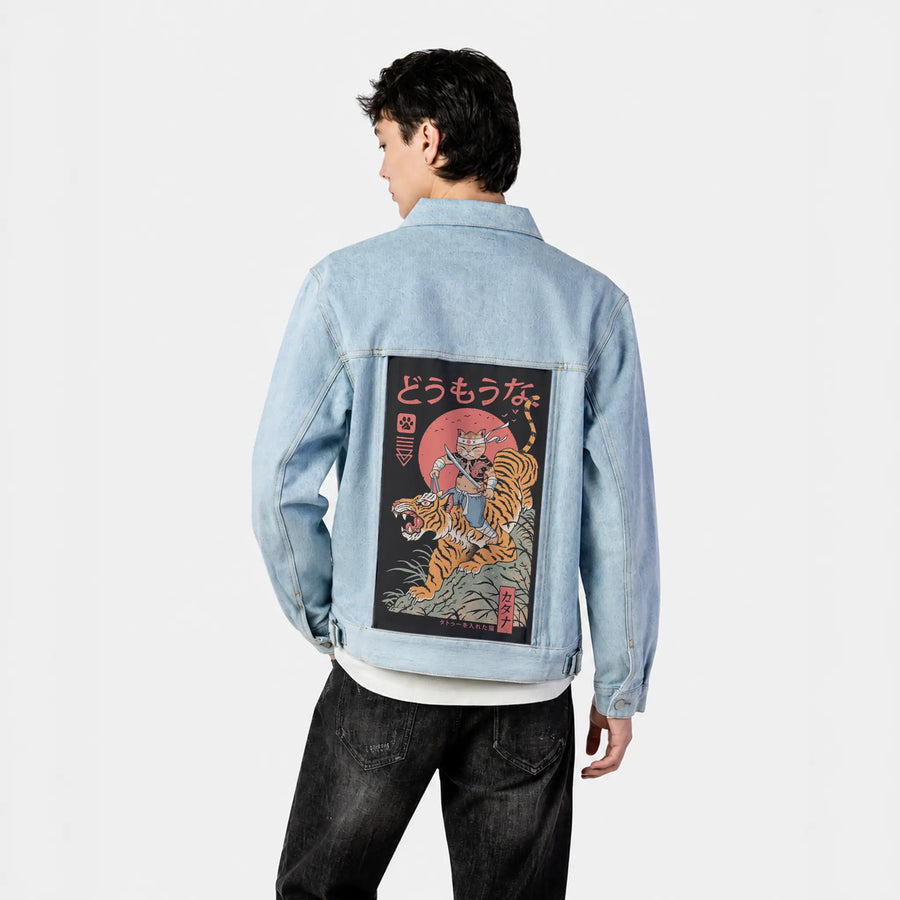 tigercatana patch on male og denim jacket in oceanside