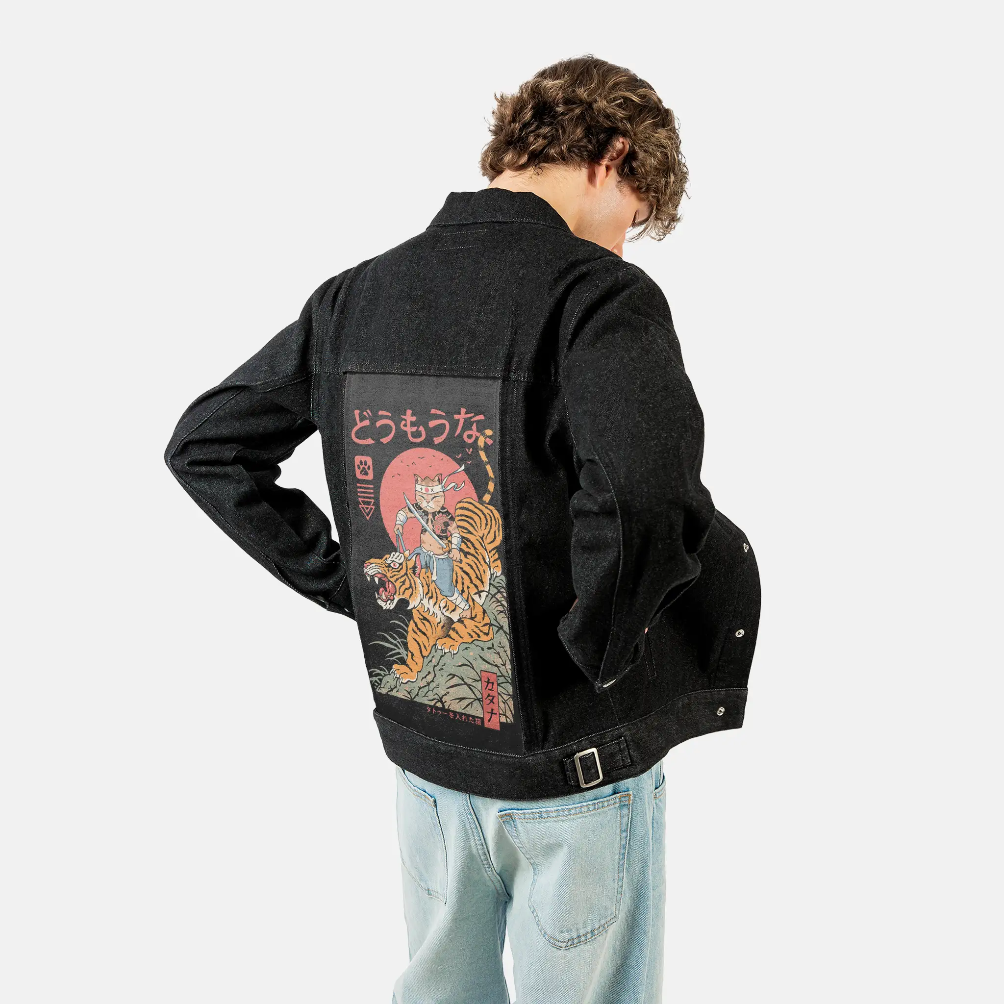 tigercatana patch on male og denim jacket in raven