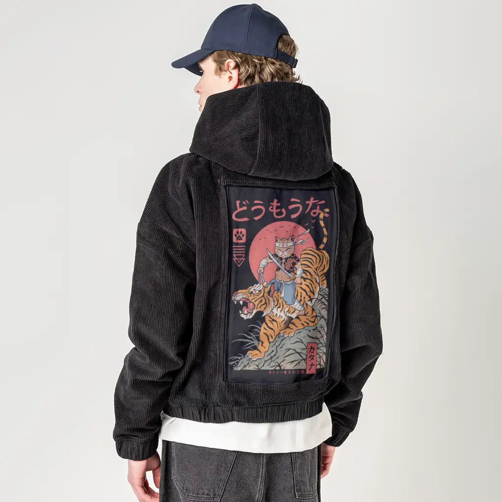 tigercatana patch on male retro cord hoodie in onyx
