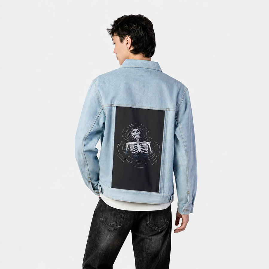 timelessdissent patch on male og denim jacket in oceanside