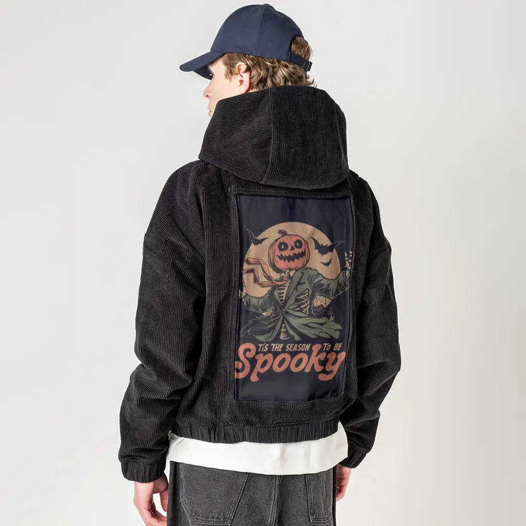 tobespooky patch on male retro cord hoodie in onyx