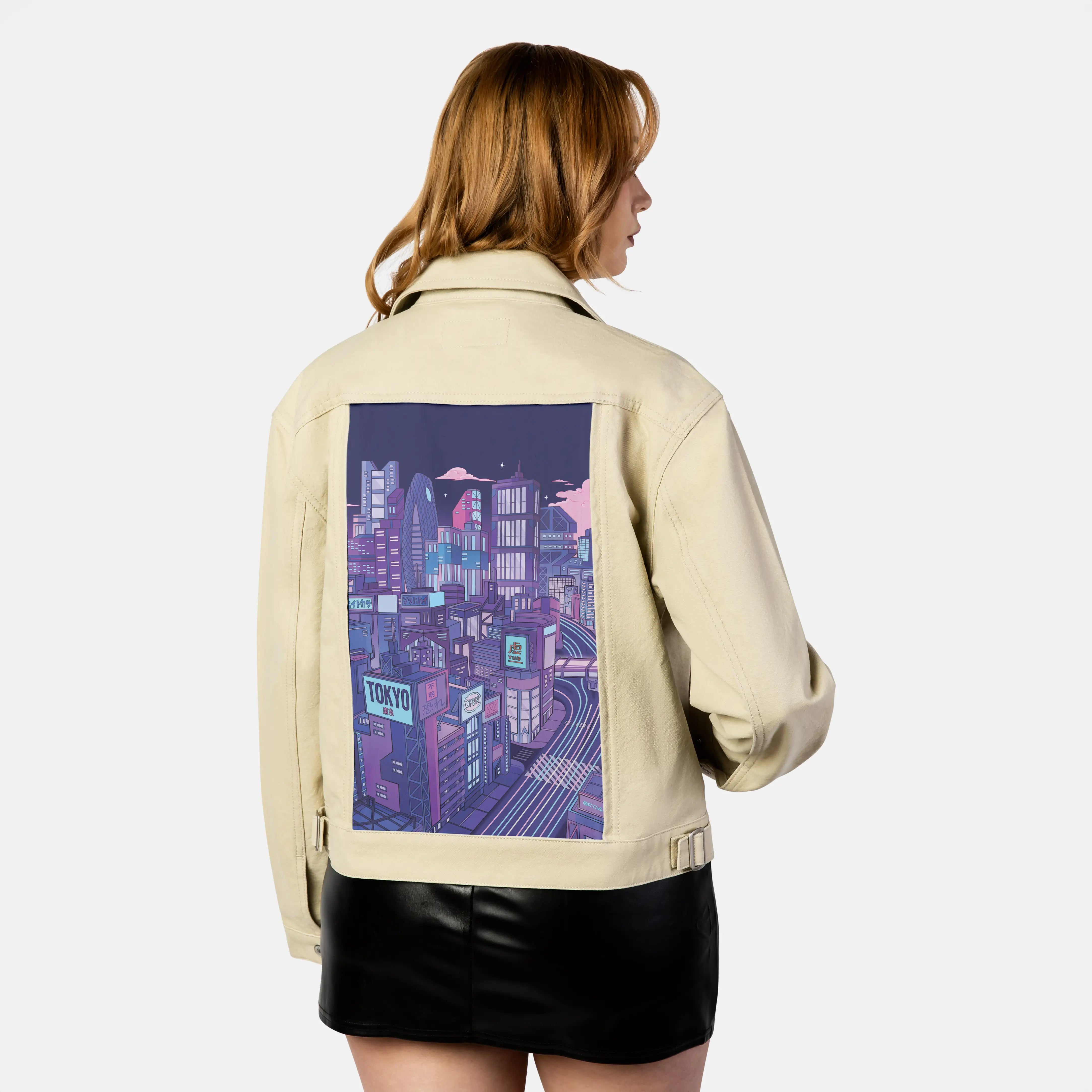 tokyonight patch on female atelier canvas jacket in tan