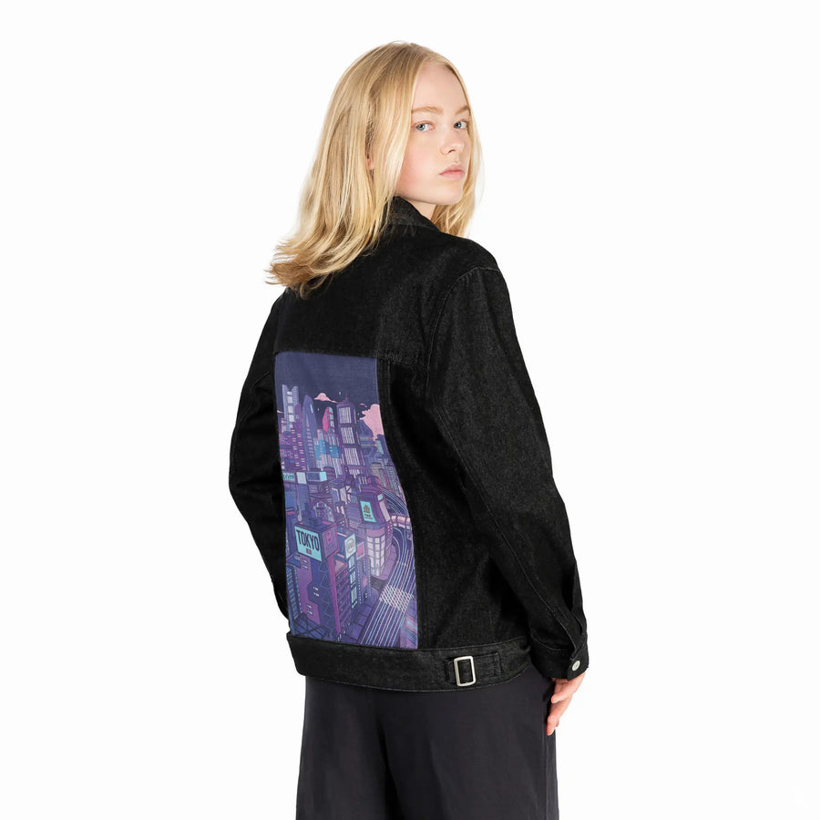 tokyonight patch on female og denim jacket in raven