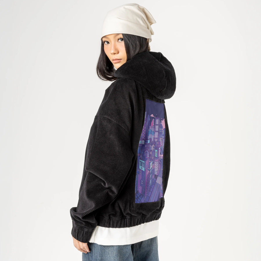 tokyonight patch on female retro cord hoodie in onyx