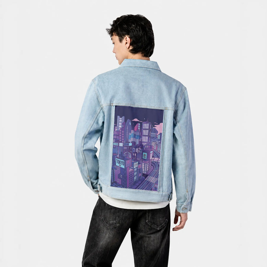 tokyonight patch on male og denim jacket in oceanside