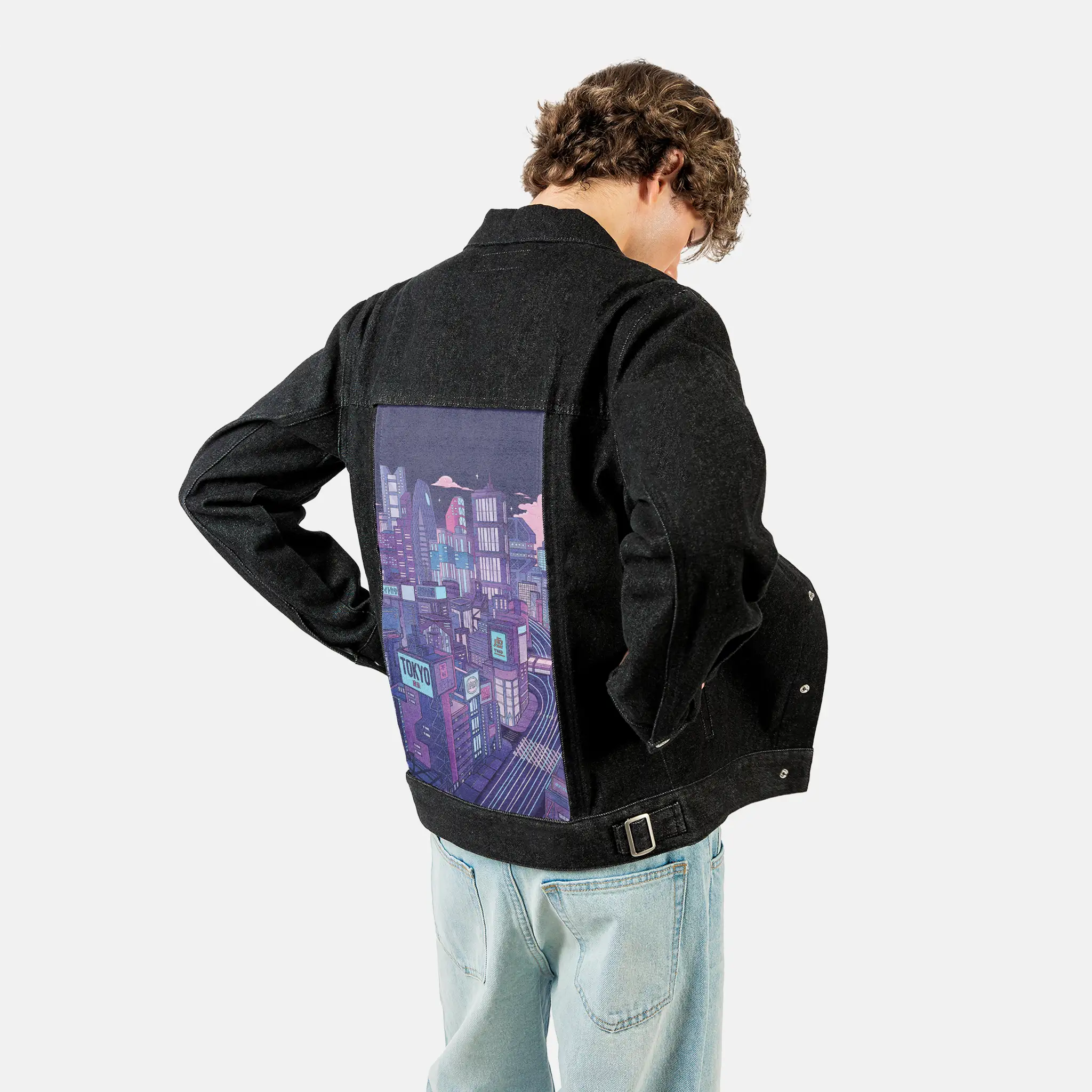 tokyonight patch on male og denim jacket in raven