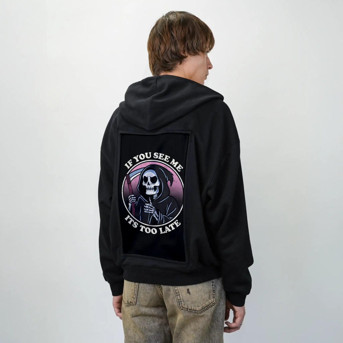 toolate patch on male essential zip hoodie in after hours