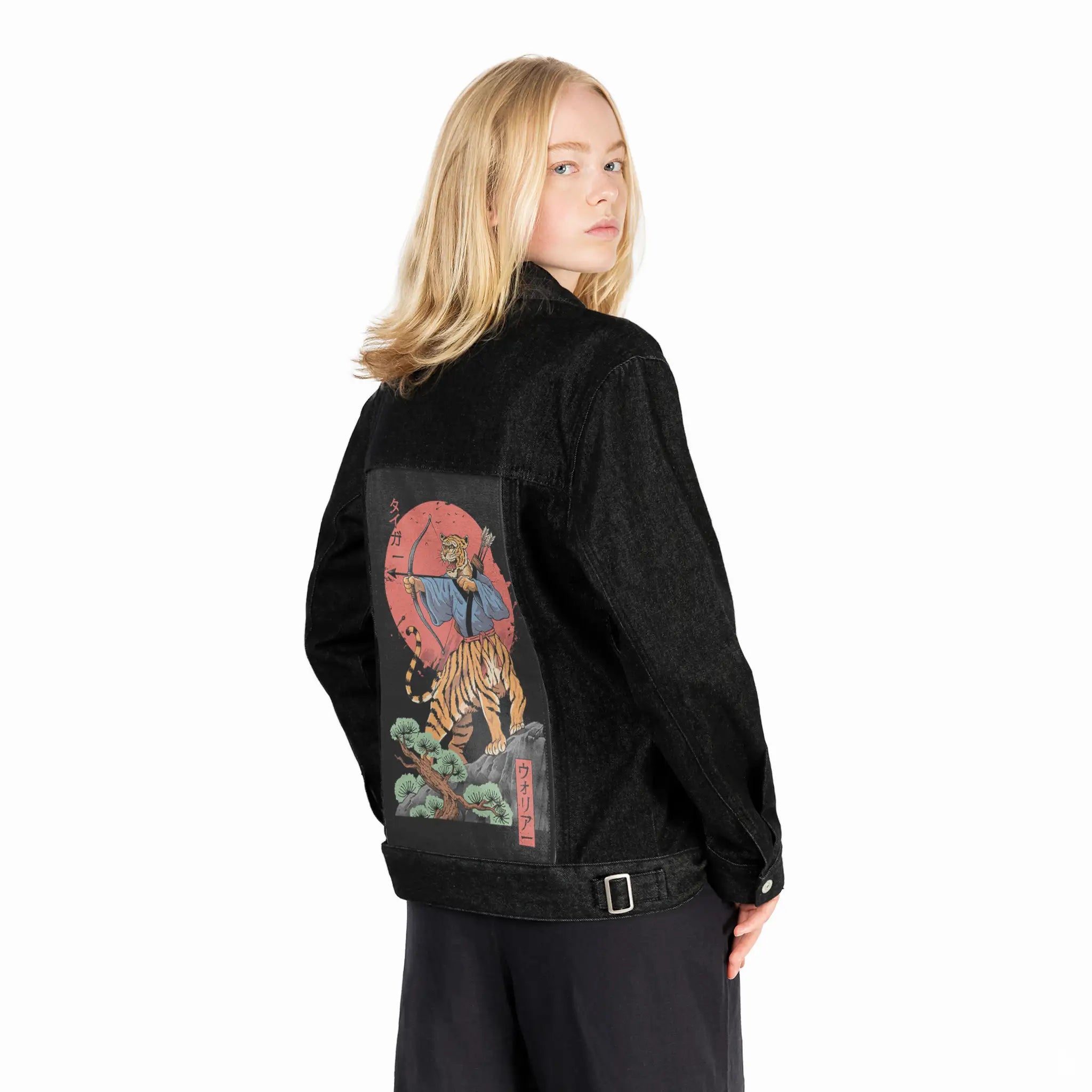 toranomusha patch on female og denim jacket in raven