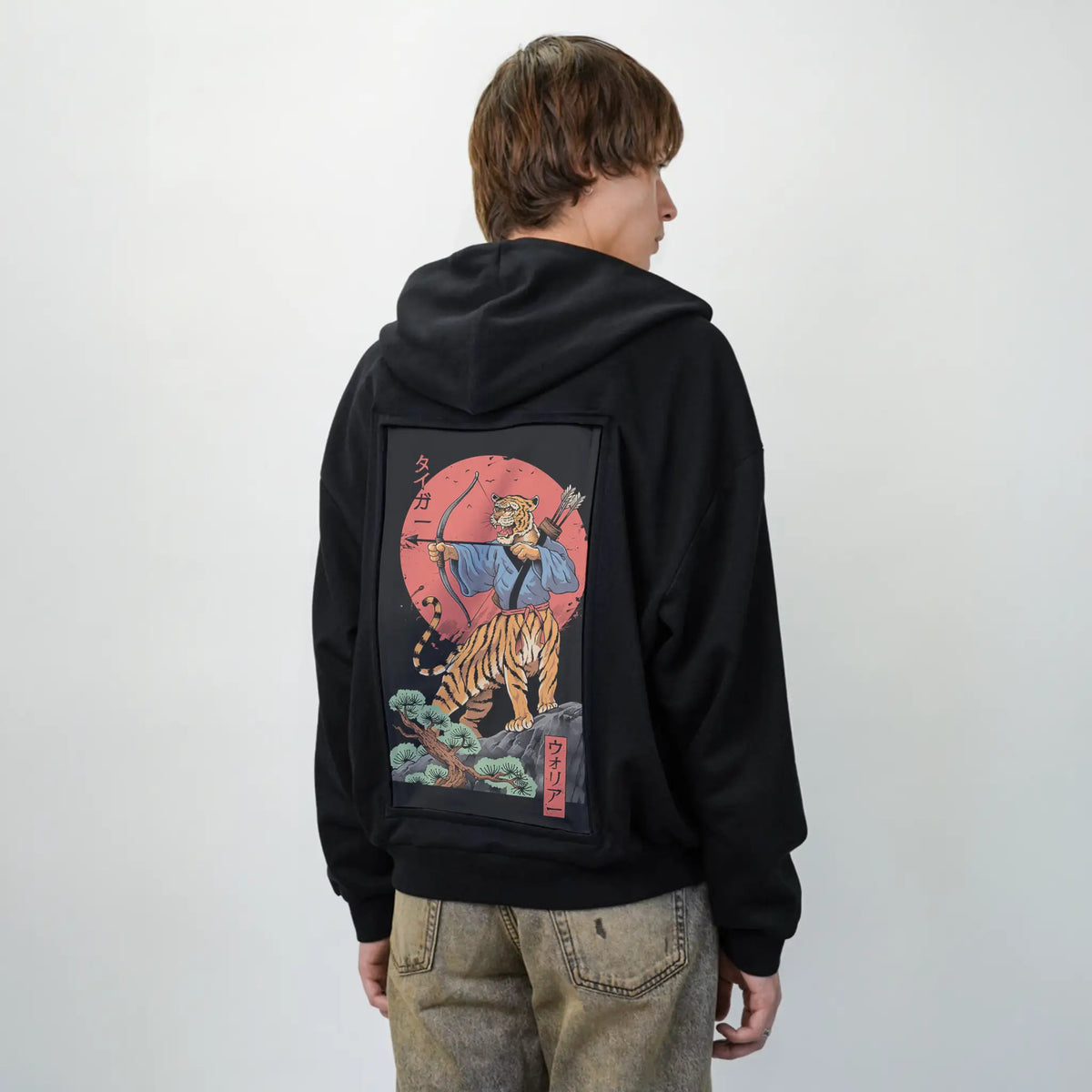 toranomusha patch on male essential zip hoodie in after hours