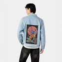 toranomusha patch on male og denim jacket in oceanside