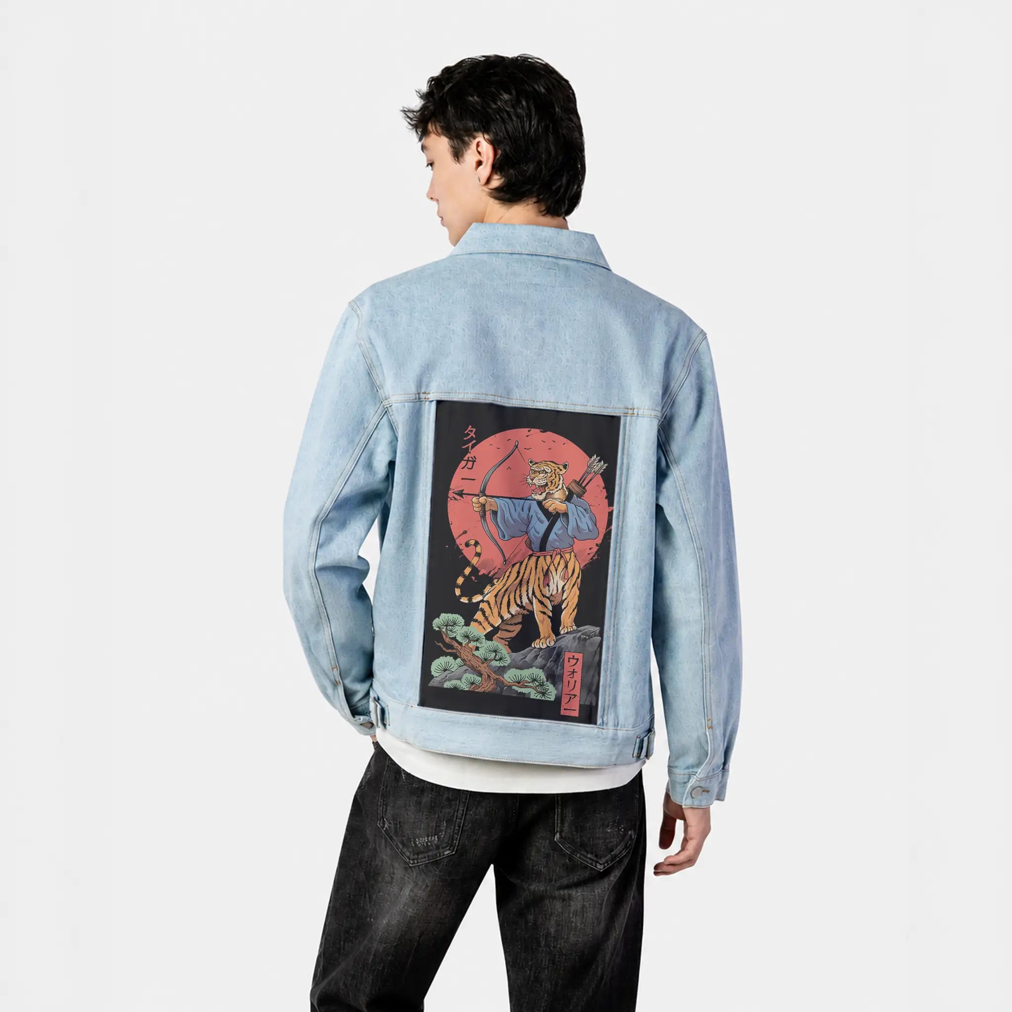 toranomusha patch on male og denim jacket in oceanside