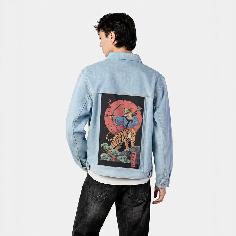 toranomusha patch on male og denim jacket in oceanside