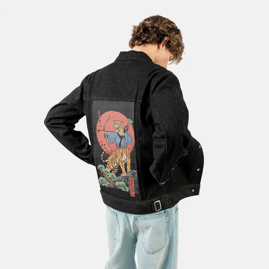 toranomusha patch on male og denim jacket in raven