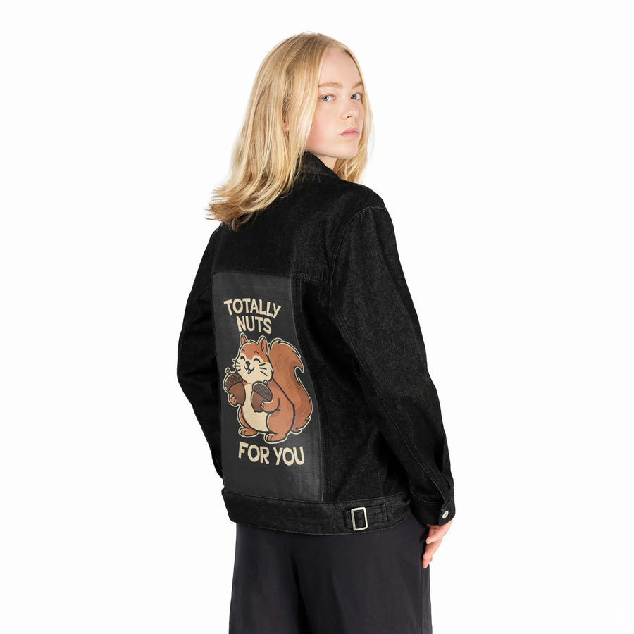 totallynuts patch on female og denim jacket in raven