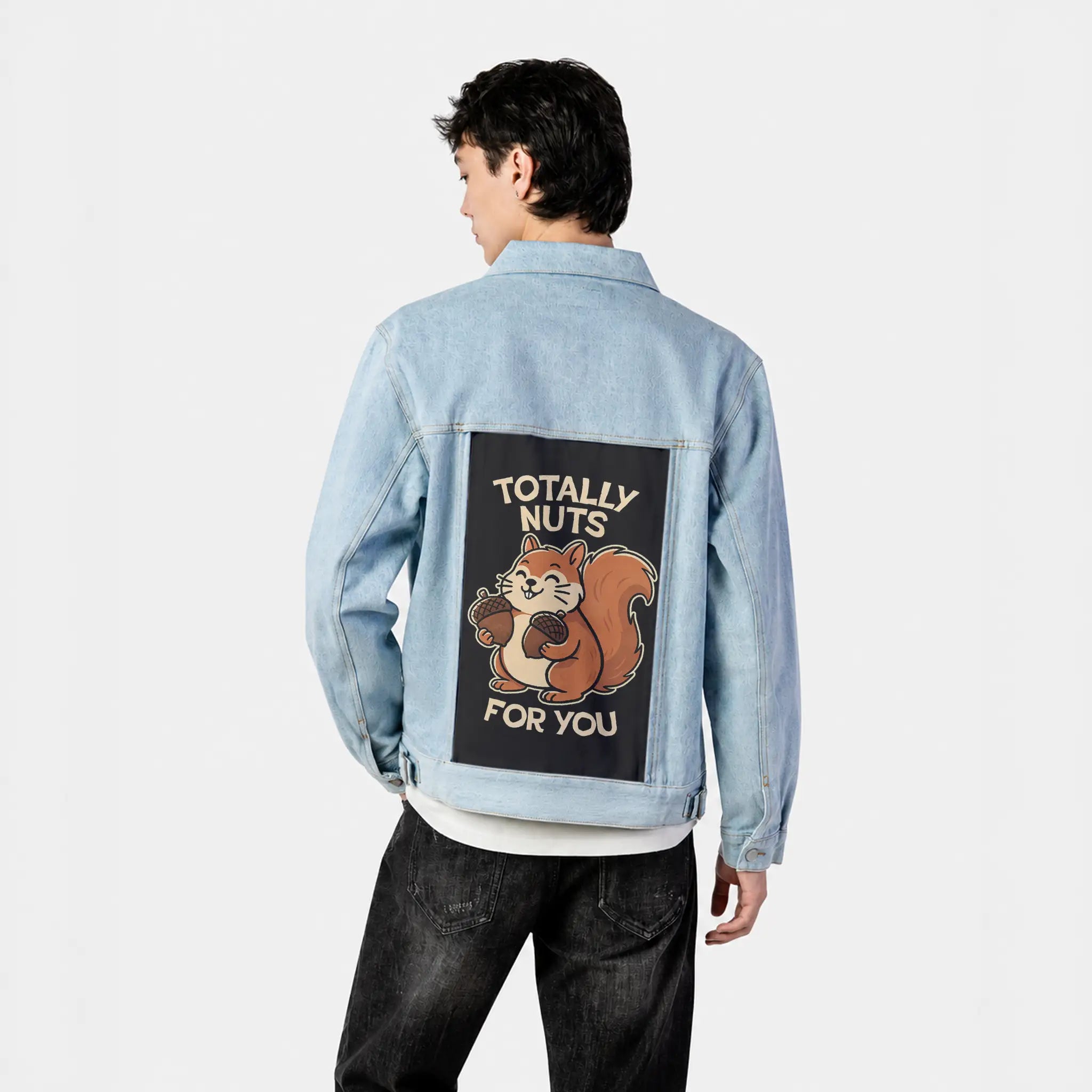 totallynuts patch on male og denim jacket in oceanside