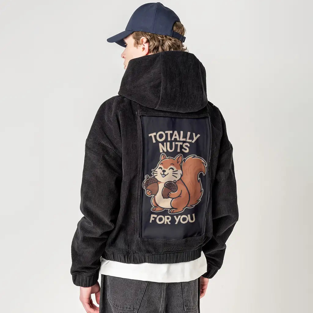 totallynuts patch on male retro cord hoodie in onyx