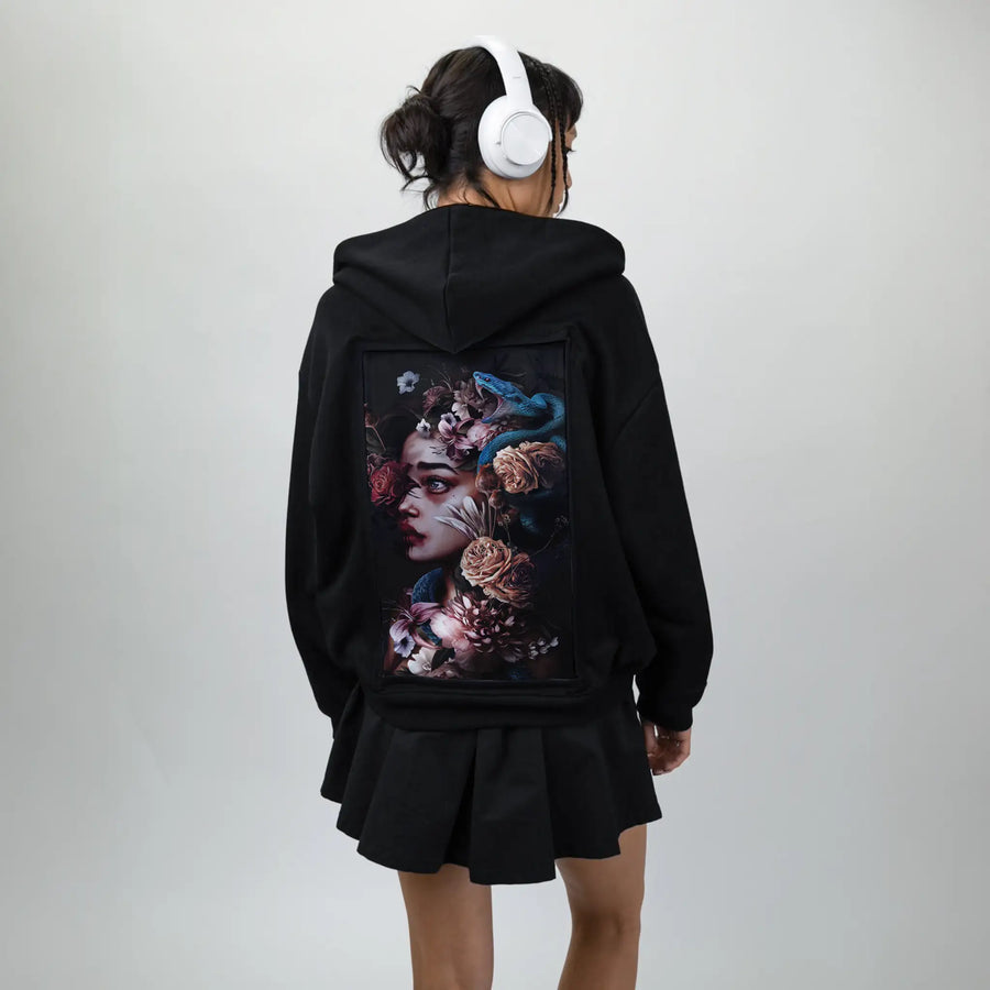 toxic patch on female essential zip hoodie in after hours