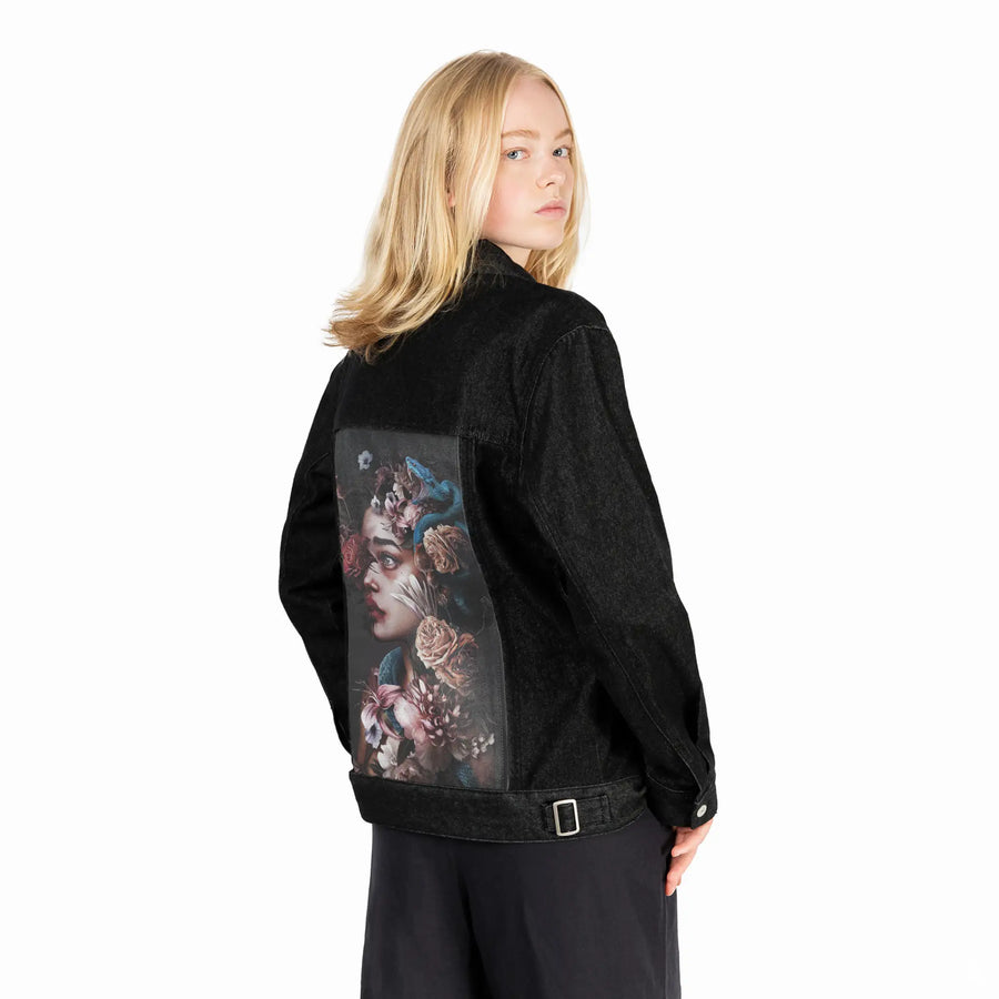 toxic patch on female og denim jacket in raven