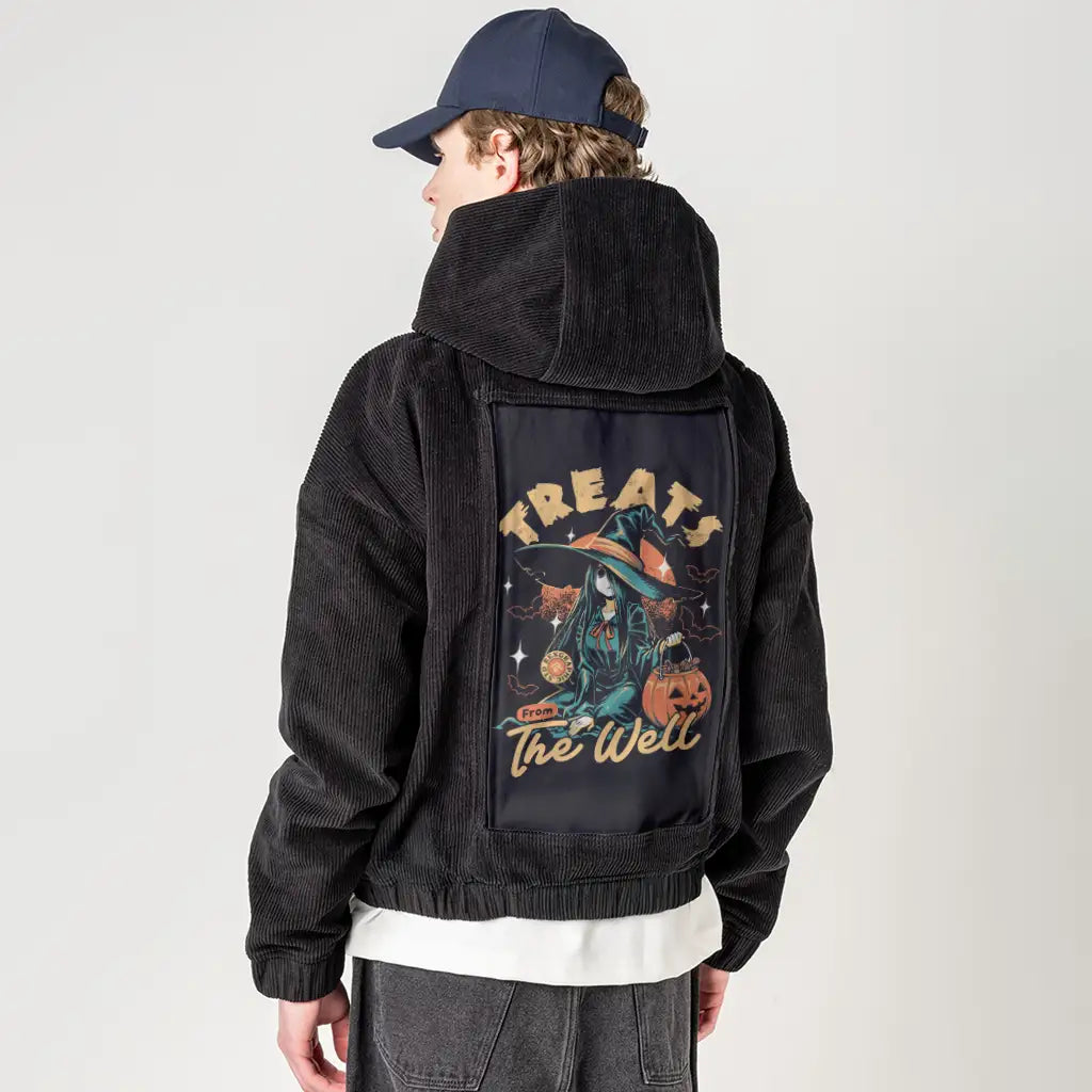 treatthewell patch on male retro cord hoodie in onyx