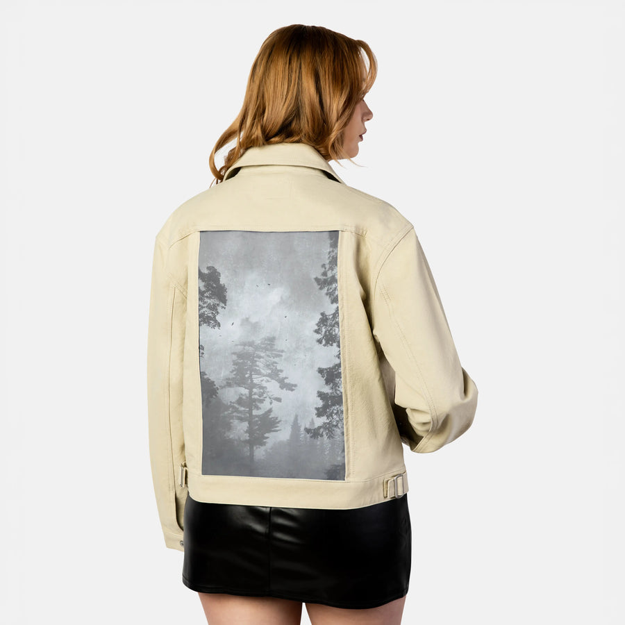 treescape patch on female atelier canvas jacket in tan