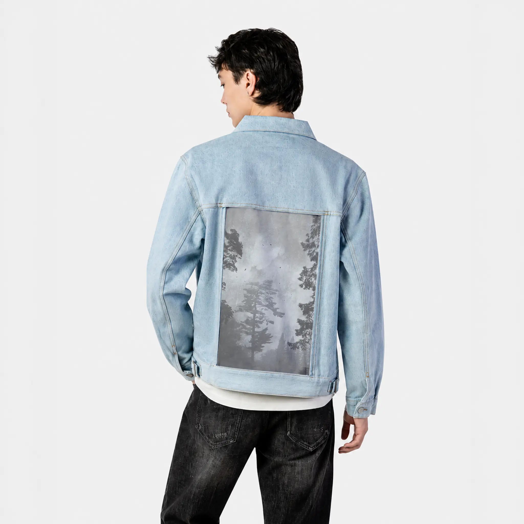 treescape patch on male og denim jacket in oceanside