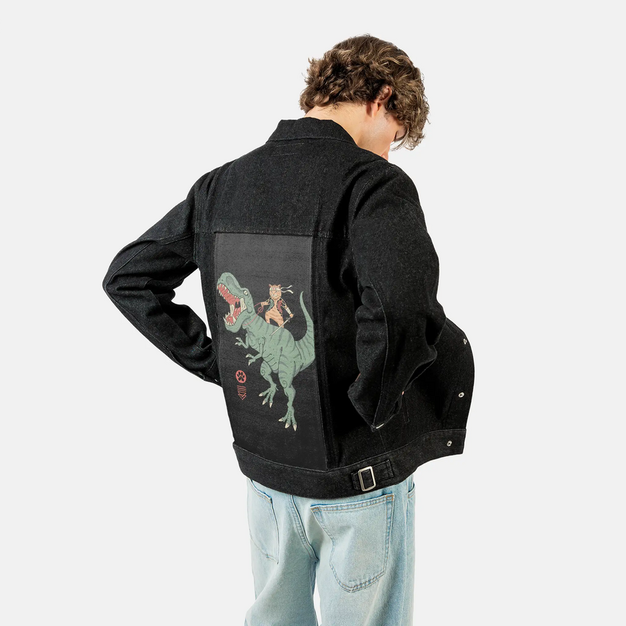 trexcatana patch on male og denim jacket in raven