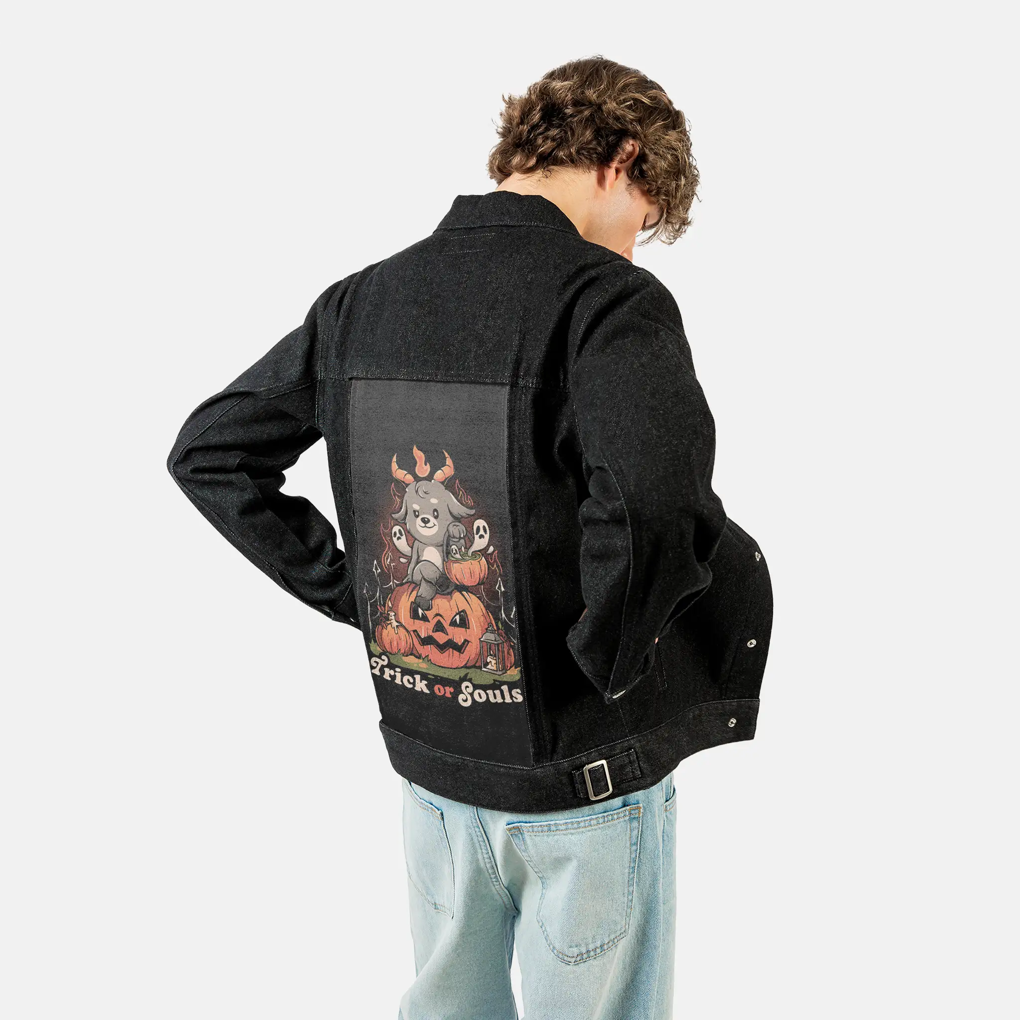 trickorsouls patch on male og denim jacket in raven