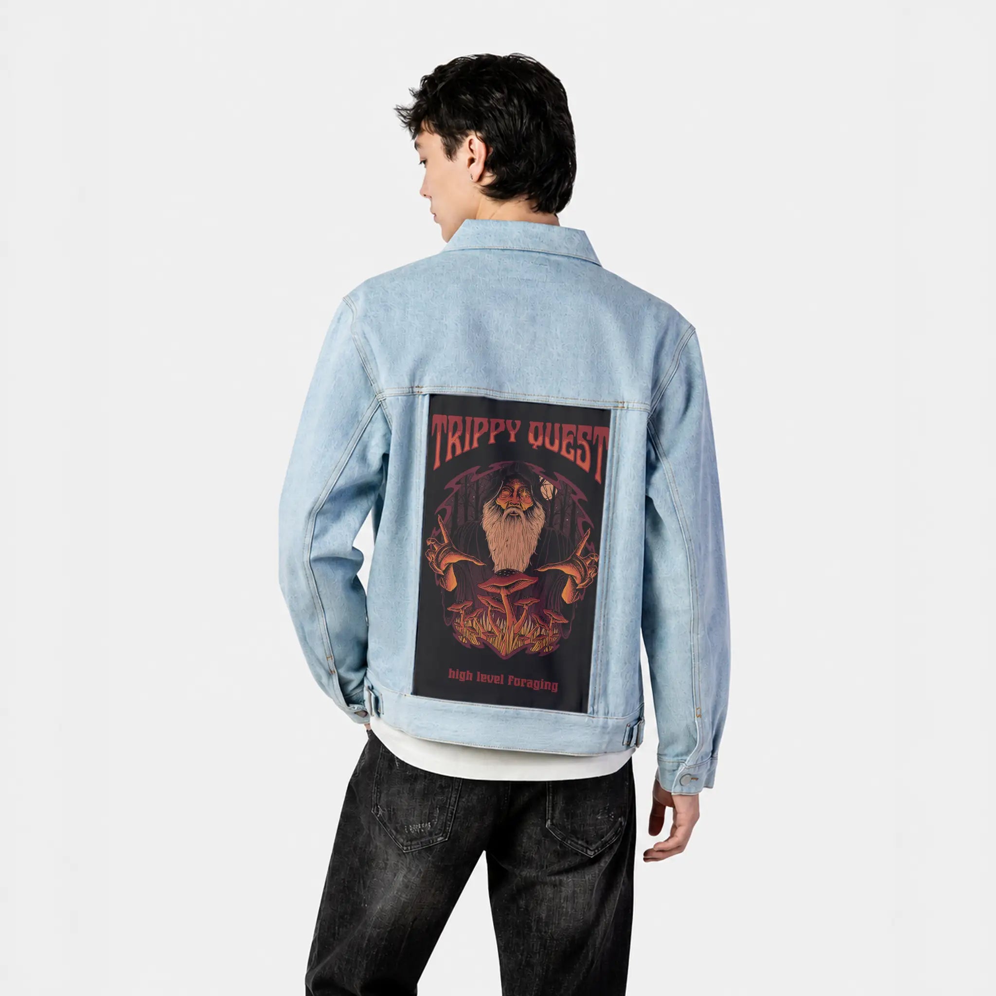 trippyquest patch on male og denim jacket in oceanside