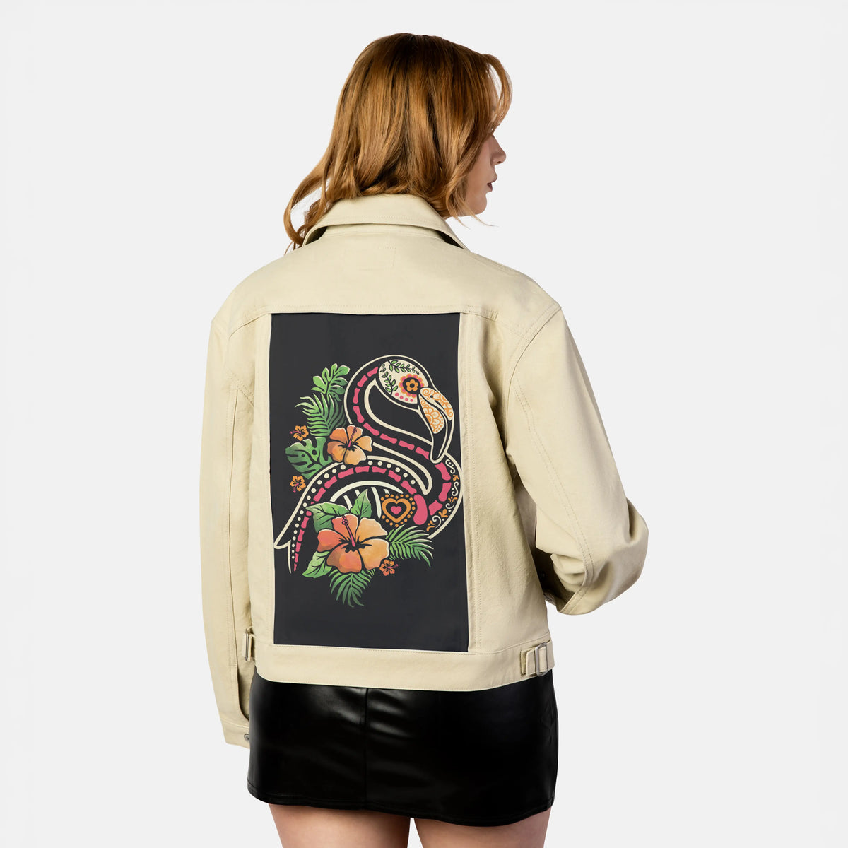tropicalflamingo patch on female atelier canvas jacket in tan