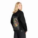 tropicalflamingo patch on female og denim jacket in raven