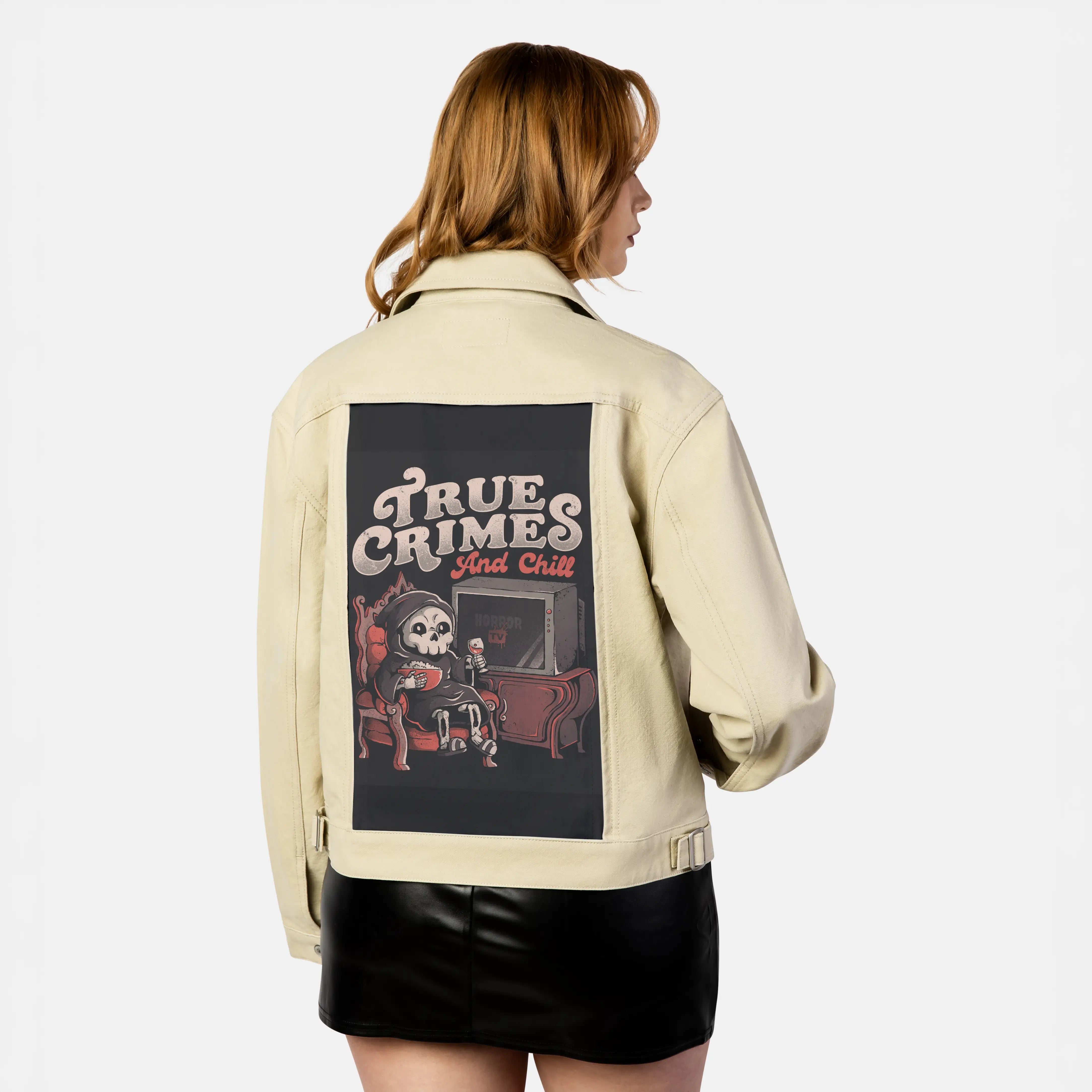 truecrimesandchill patch on female atelier canvas jacket in tan