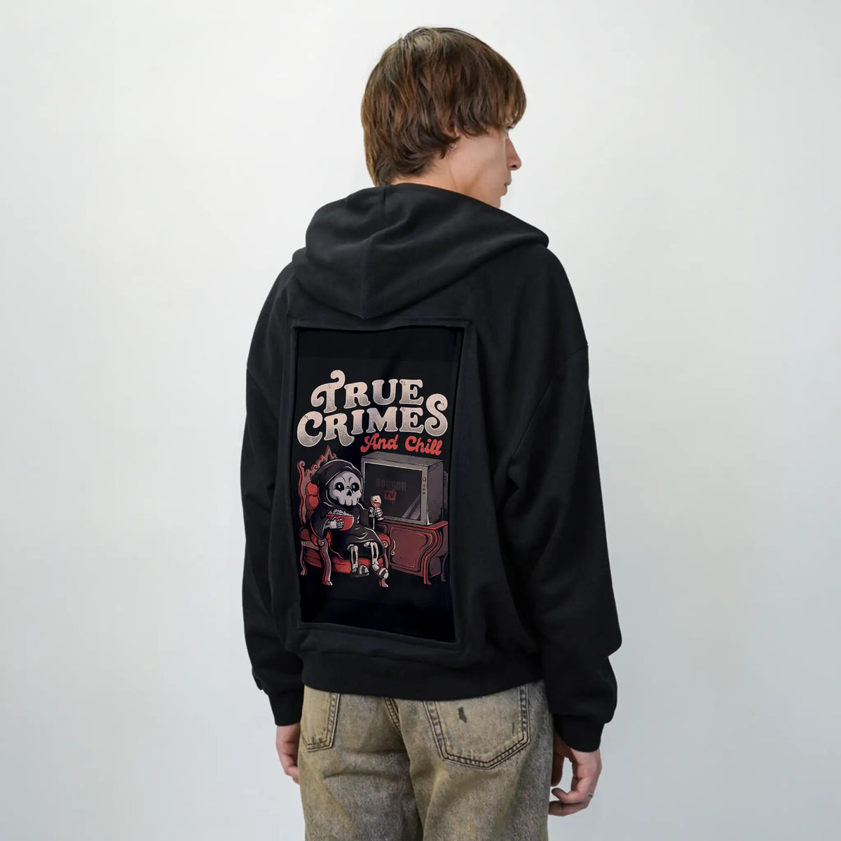 truecrimesandchill patch on male essential zip hoodie in after hours
