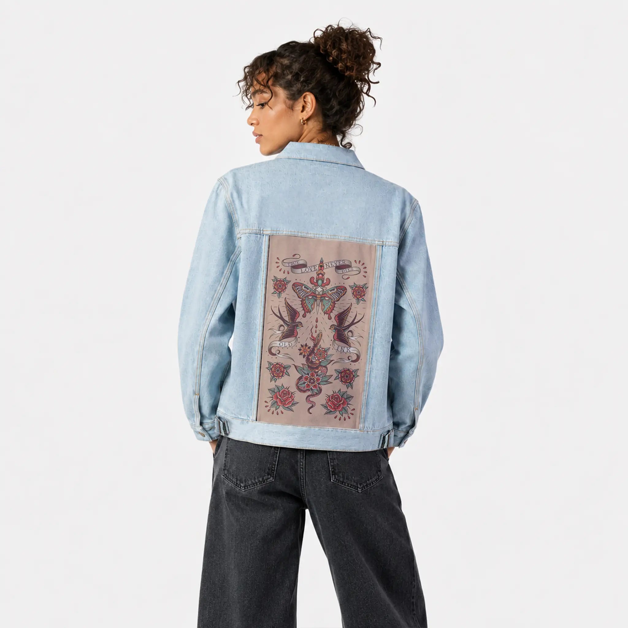 truelove patch on female og denim jacket in oceanside