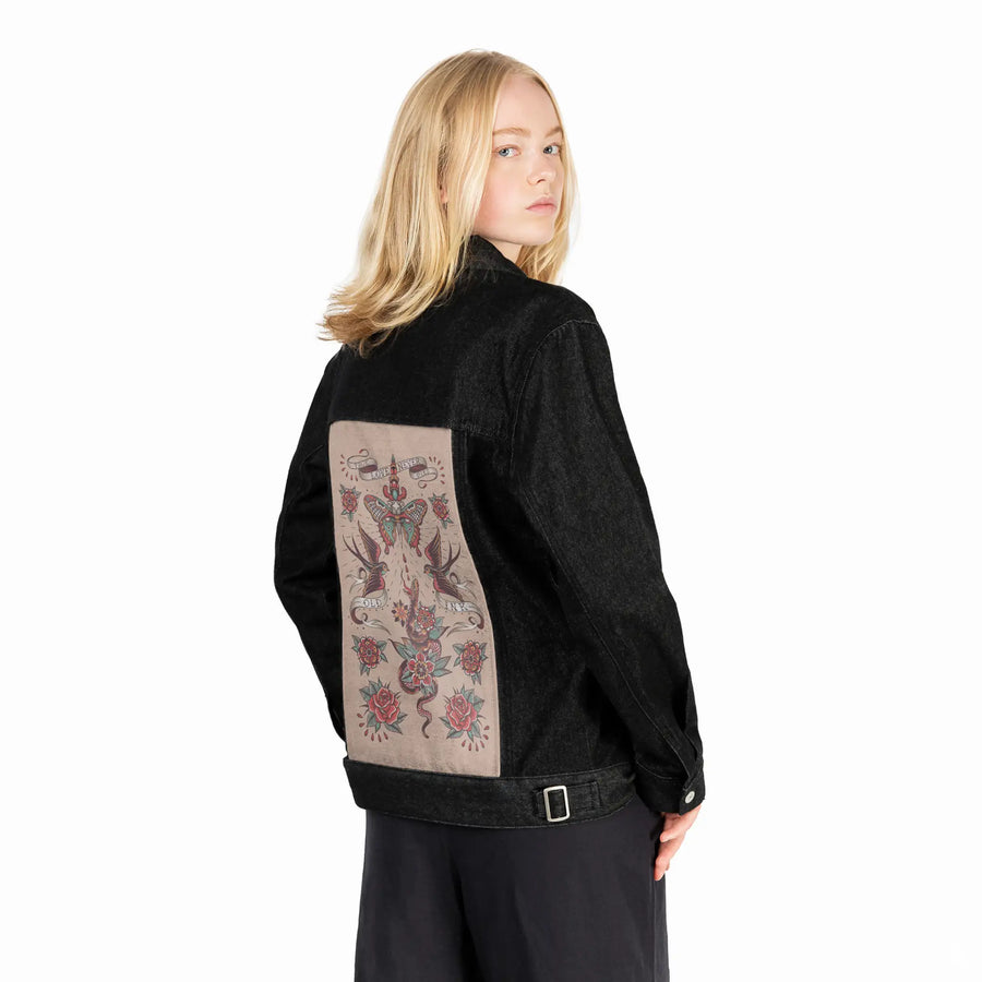 truelove patch on female og denim jacket in raven