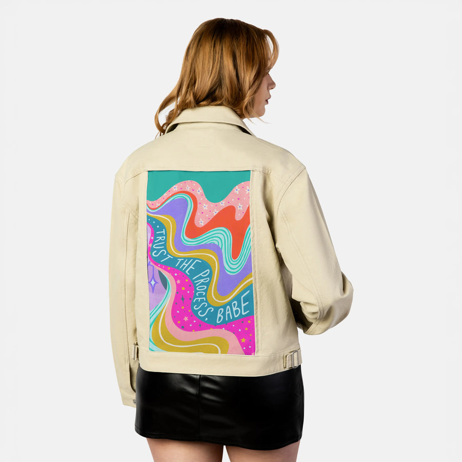 trusttheprocess patch on female atelier canvas jacket in tan