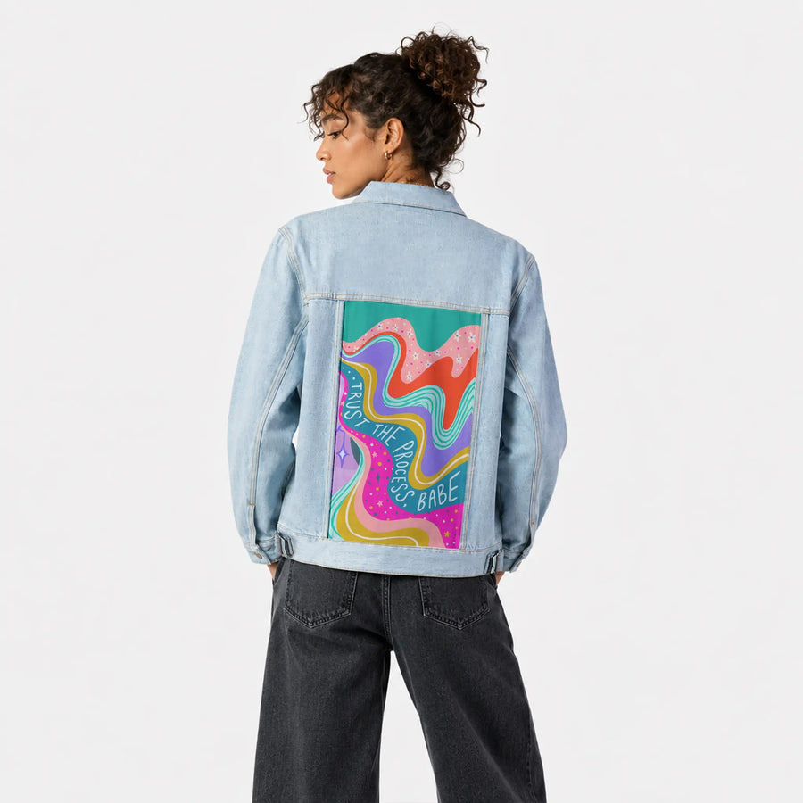 trusttheprocess patch on female og denim jacket in oceanside