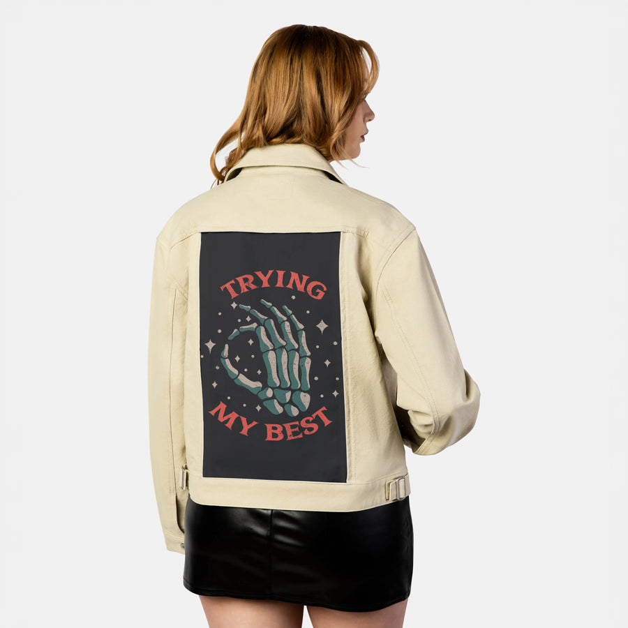 tryingmybest patch on female atelier canvas jacket in tan