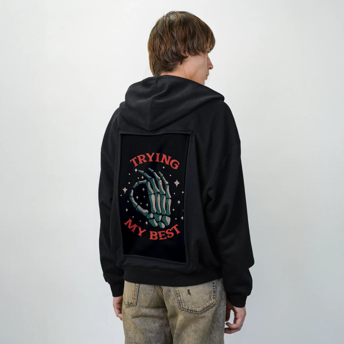 tryingmybest patch on male essential zip hoodie in after hours