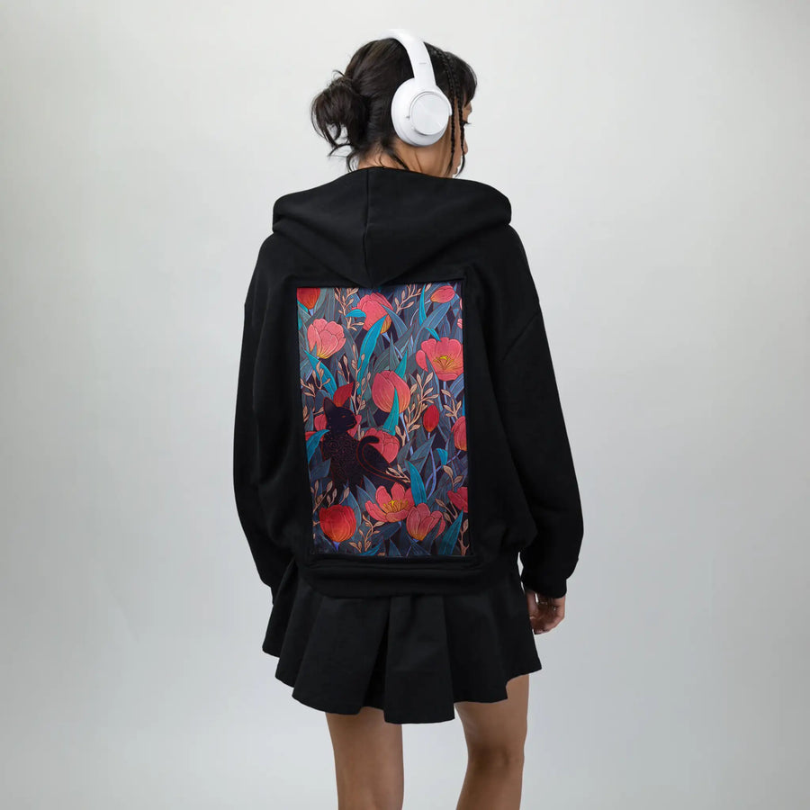 tulipblackcat patch on female essential zip hoodie in after hours
