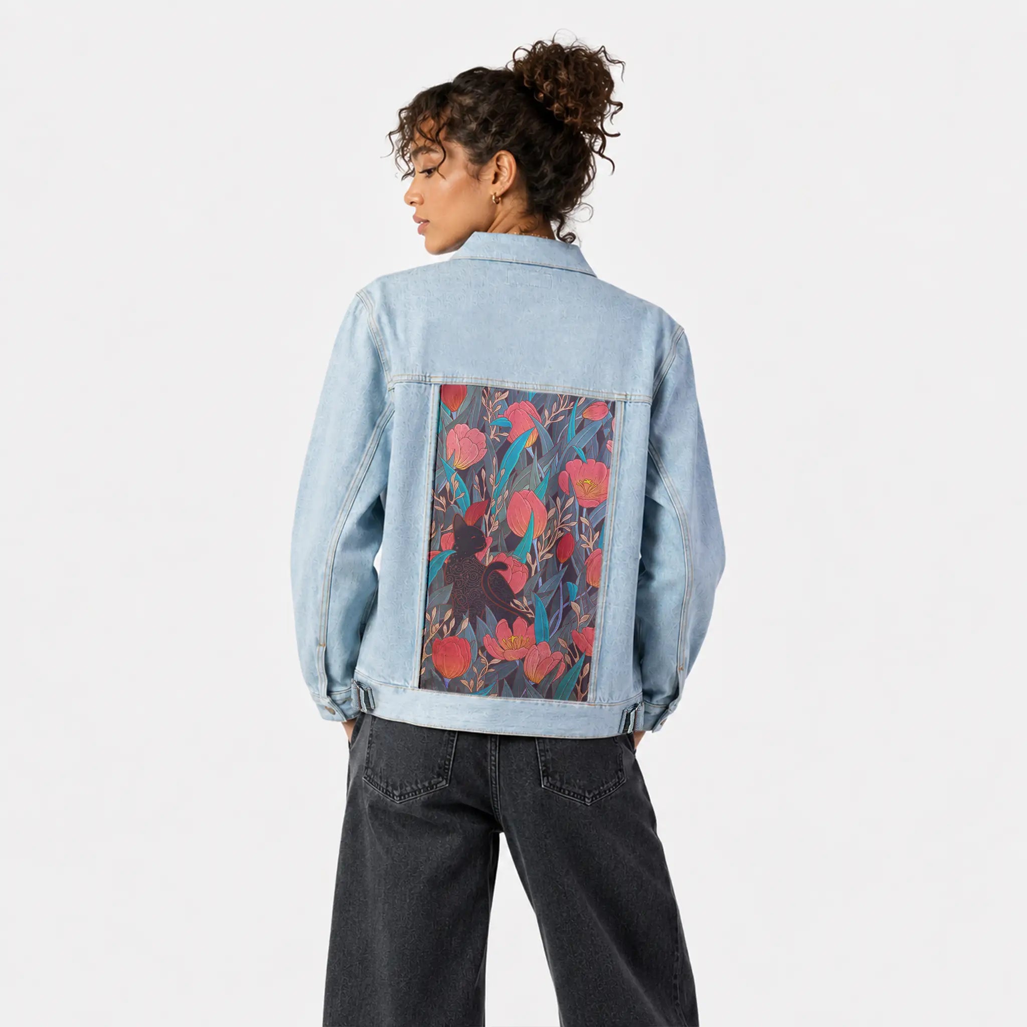 tulipblackcat patch on female og denim jacket in oceanside