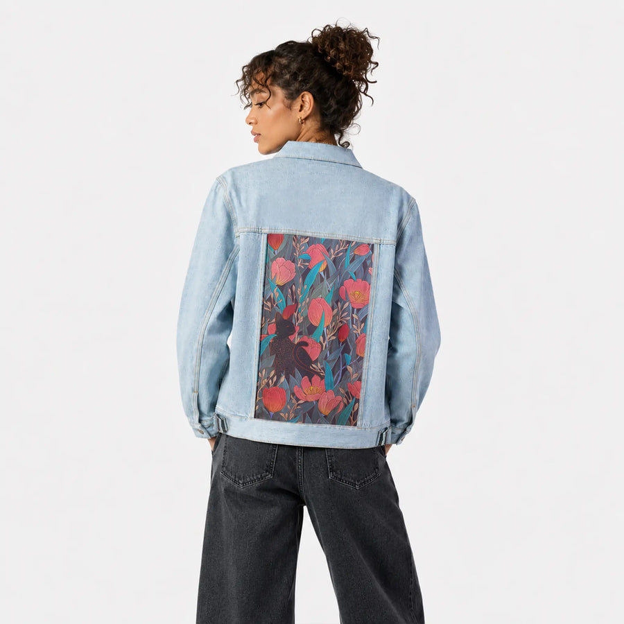 tulipblackcat patch on female og denim jacket in oceanside
