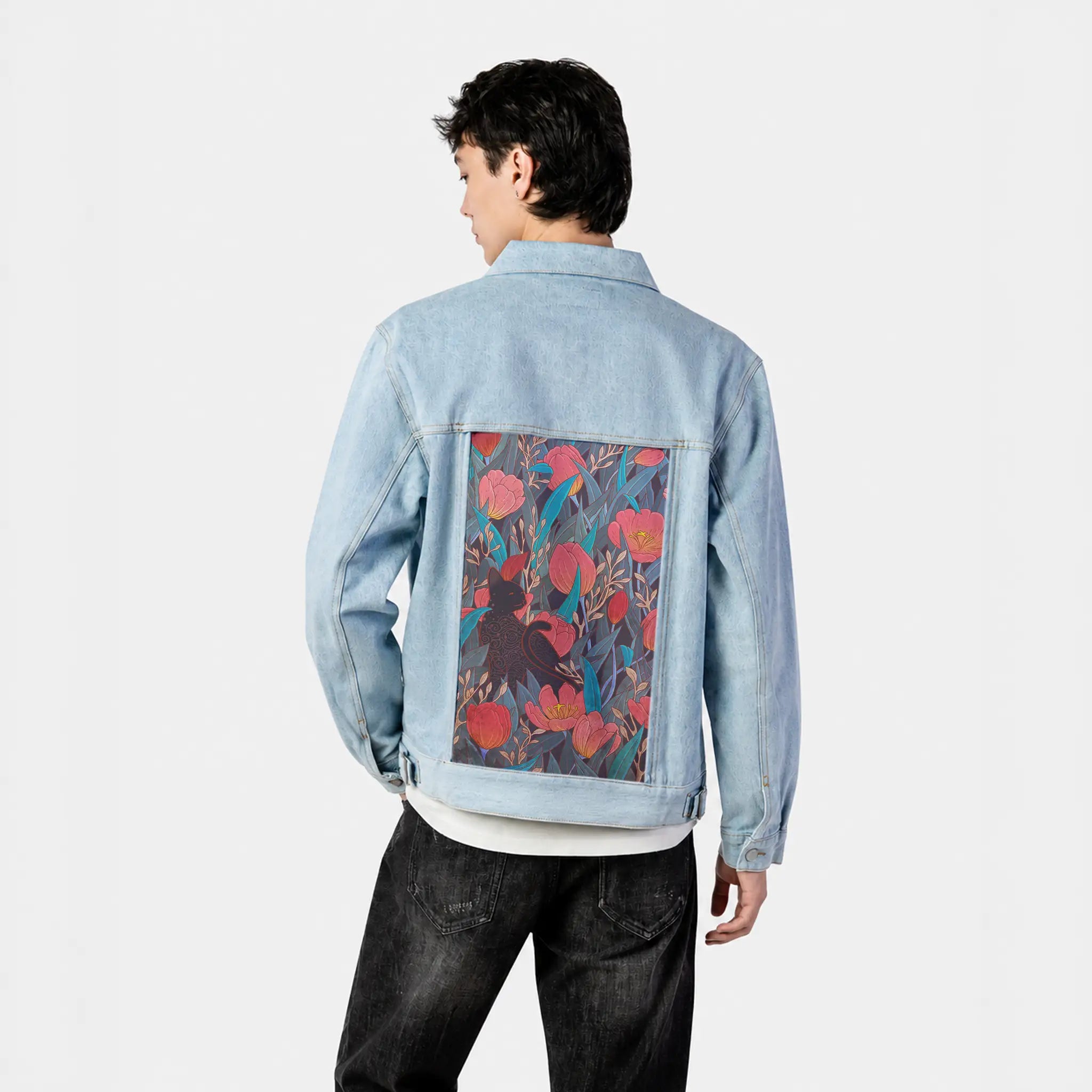 tulipblackcat patch on male og denim jacket in oceanside