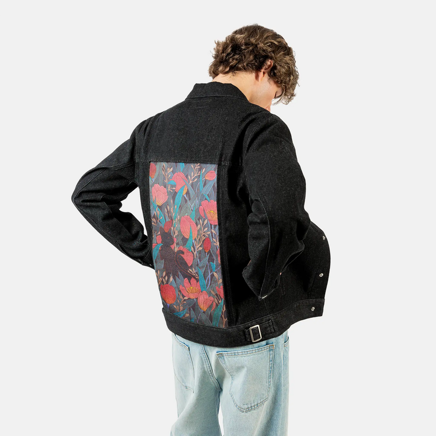 tulipblackcat patch on male og denim jacket in raven